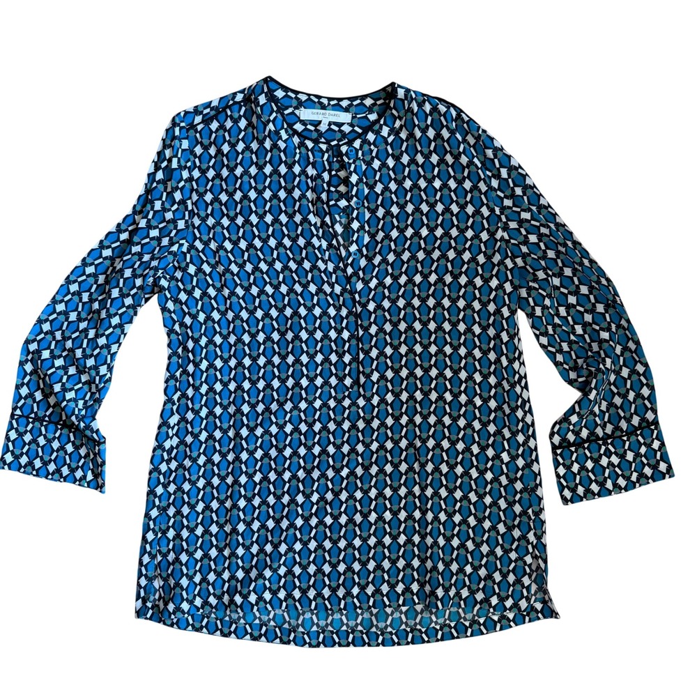 Gerard Darel‎ Paris 100% Silk Geometric Print Blouse Blue Black White Size 36